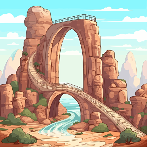 draw vector cartoon style on white background a colorfull high arches bridge with more columns over a deep rock valley