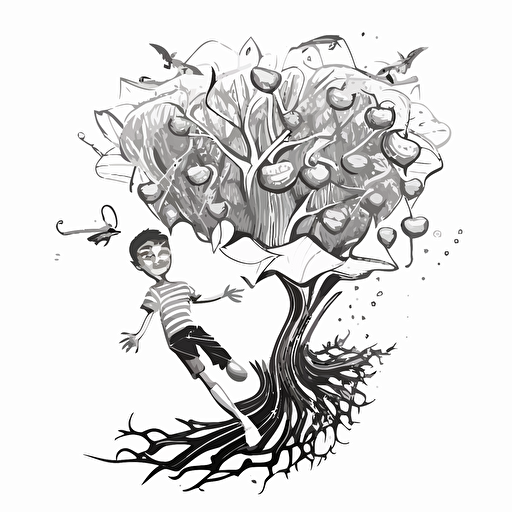 boy wearing shorts flying over tall and skinny tree, with branches that twisted and turned in every direction. Black and White vector illustration. Cheerful image with magical fruit around