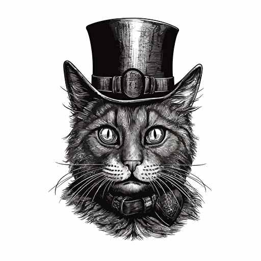 Hamilton Mortimer style illustration vector of horror cat, no color, no shading, black and white, white background