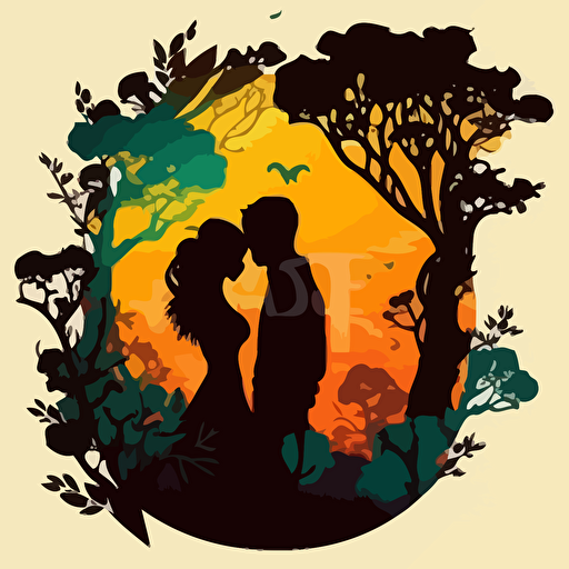 young couple, in love, in a garden with a wonderful view of the sunset and trees, in vector