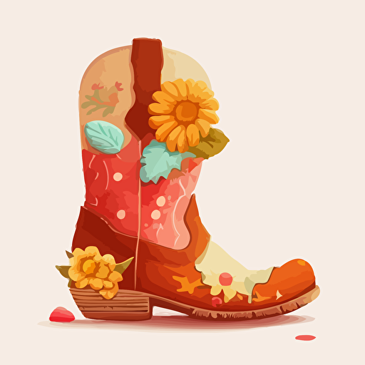 brightly colored cowgirl boots in cartoon style drawing with hearts and flowers on a white background flat vector drawing