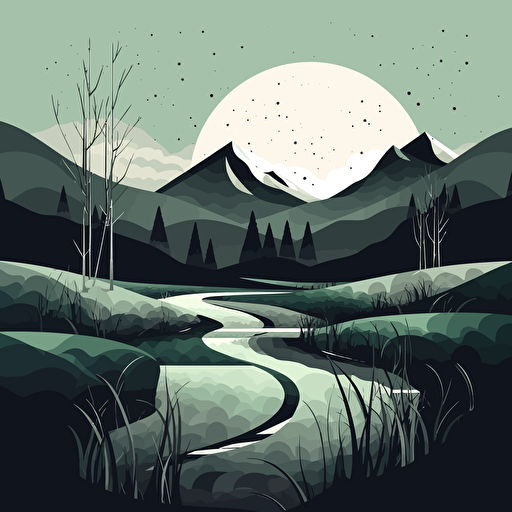 stunning vector art landscape, minimalism, black white and green