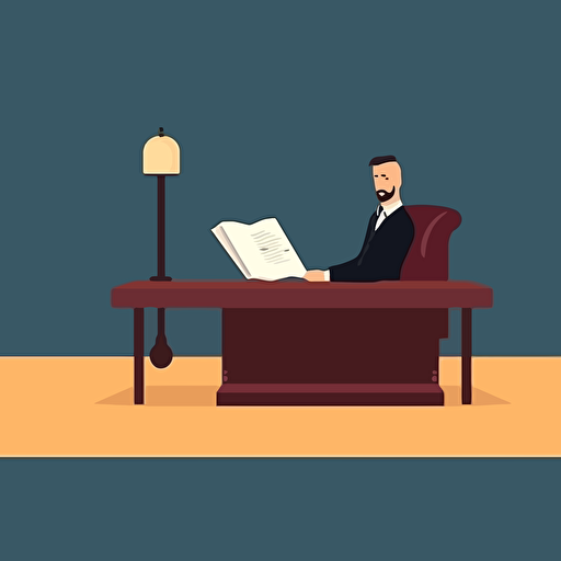 a front shot vector minimalist illustration of a man sitting on a leather chair signing a contract on an old big wooden desk in his office