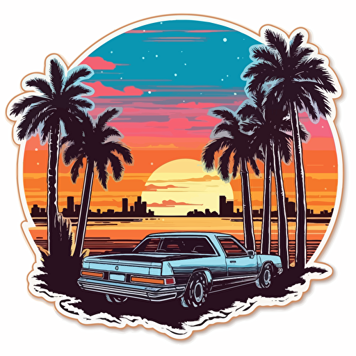 sticker, miami vice colored sunset, contour, vector, white background