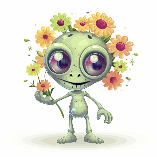 cute alien with flowers, detailed, cartoon style, 2d clipart vector, creative and imaginative, hd, white background