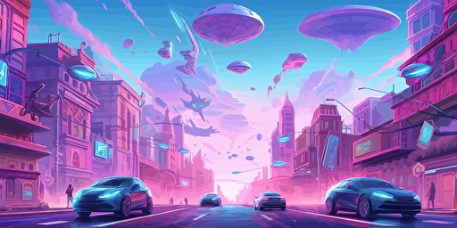 illustration of hyper futuristic flying cars flying through a city. vector style. designmilk. detailed. the palette is mostly purple with a little bit of blue and green.