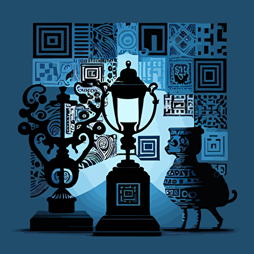 A vector illustration of a QR code using silhouettes of old-fashioned and antique objects, rendered in a minimalistic style with dark and blue and black tones. Use geometric flat vectors to create an iconic and dynamic composition, no shades, and only objects as lamps, doors, chairs, kettles, toys etc.