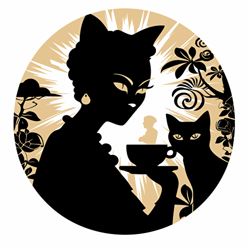 silhouetted amazing vector art of a cartoon cat carried by Frida Kahlo with a coffee cup
