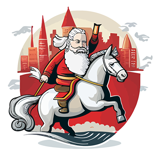 funny santa riding a unicorn in bad part of city, vector logo, vector art, emblem, simple cartoon, 2d, no text, white background