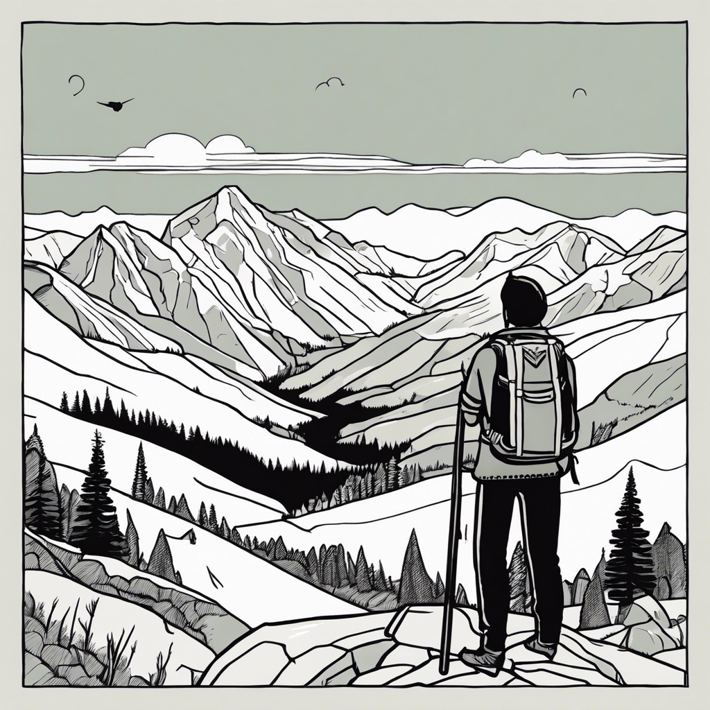 Hiker overlooking a mountain valley, illustration in the style of Matt Blease, illustration, flat, simple, vector