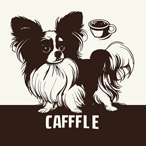 a sable and white papillon dog and a cup of coffee, vector art logo, cartoonistic style, clean white background