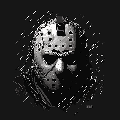 32bit jason Friday the 13th, white on black background, no shading, 2D, vector, 3:4