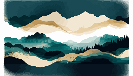 dark teal and beige watercolour landscape, minimalist, vector, countour