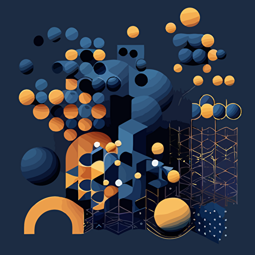 a vector illustration showing the change between atoms and pixels as an evolutionary process, in dark blue tones, and flat vector shapes, inspired by the iconic style of Victor Vasarely. He experiments with different shapes and sizes to create a dynamic and engaging piece of art.