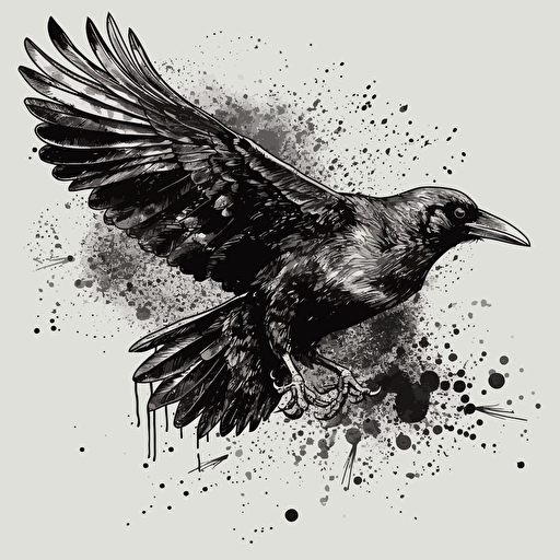 crow flying illustration, vector, black and white