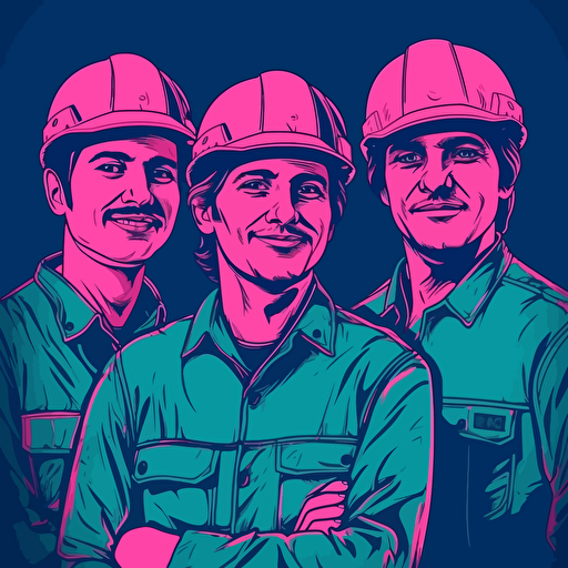 Group of Happy smiling engineers. popart style, meme style, vector art, colors dark blue and pink