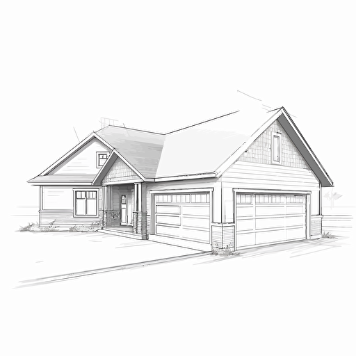 single family home floor plan, simple vector drawing, 3 bedroom, 2 bath, 2 car garage, covered rear porch