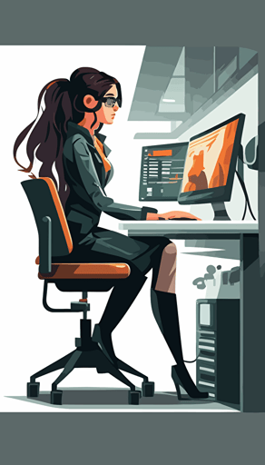 modern female small business owner working on computer at desk with slight smile vector art style
