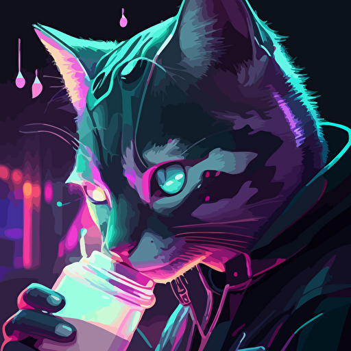 vector art, vectors, cyberpunk, neon, badass cyber cat drinking milk, face up close, menacing cute look, simple, 2d, pastel