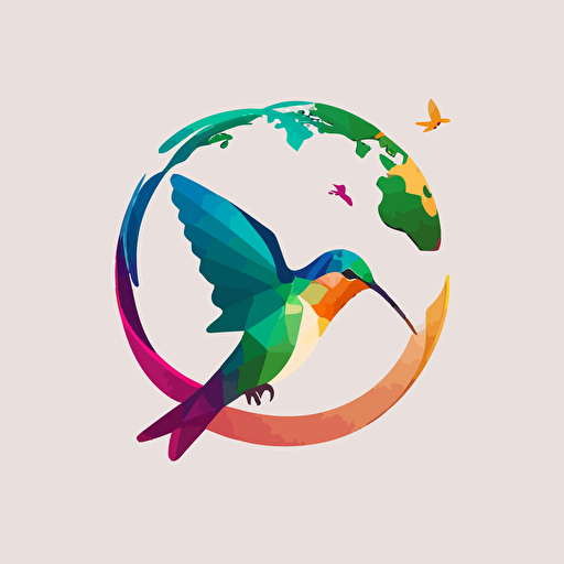 flat vector logo of circle, gradient, hummingbird wrapped around earth, simple minimal, by Ivan Chermayeff
