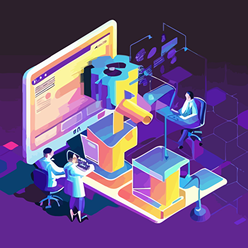 isometric vector illustration with a beautiful bright gradient blue purple gold color palette. Several human scientists are performing various image annotation tasks, consulting metrics and analytics, creating regions of interest on a computer. A few props are present such as magnifying glasses, mouse and keyboard, etc.