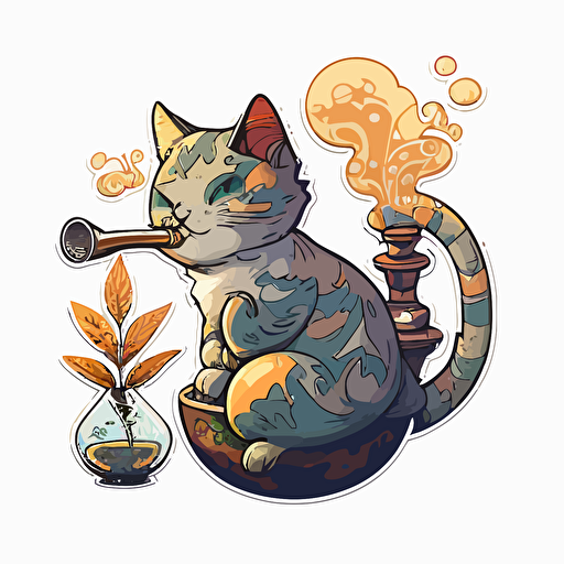 Cat smoking a bong, Sticker, Relaxed, Warm colours, anime, Contour, Vector, white background, Detailed