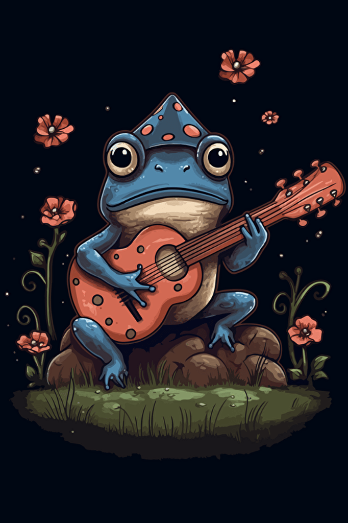 cutest cottagecore frog on toadstool with ukulele, vector, cute, design, black background