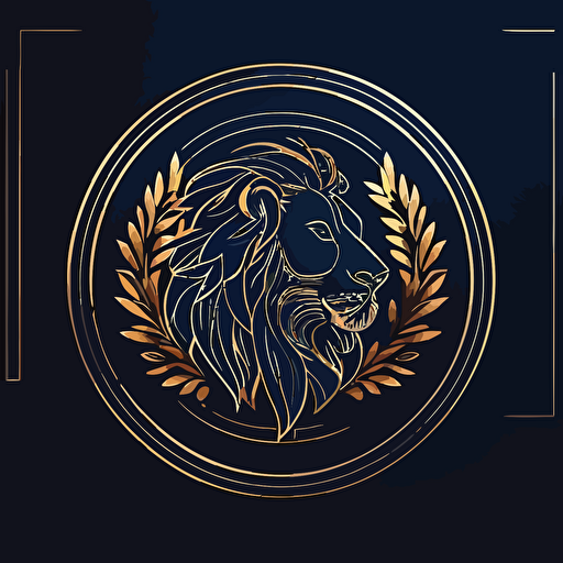 minimalist circle with golden borders vector logo, dark blue background, a geometric lion inside the circle.