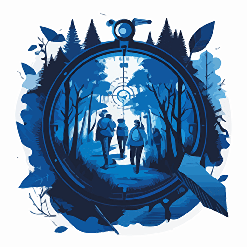 Create a vector image of a team working together to navigate a forest, using a compass and a map with royal blue highlights. This image symbolizes the journey through the evolving job market, guided by the information in this guide.