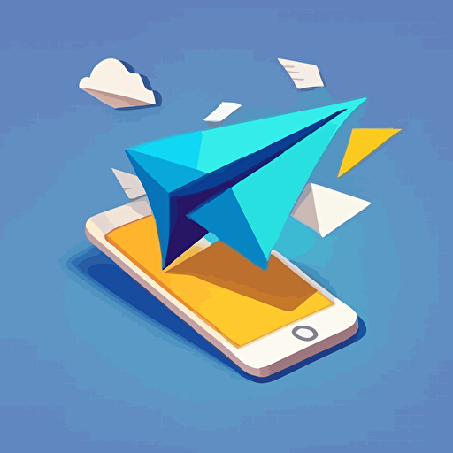 email ariving in inbox on phone, paper airplane, illistration, vector, blue primary color