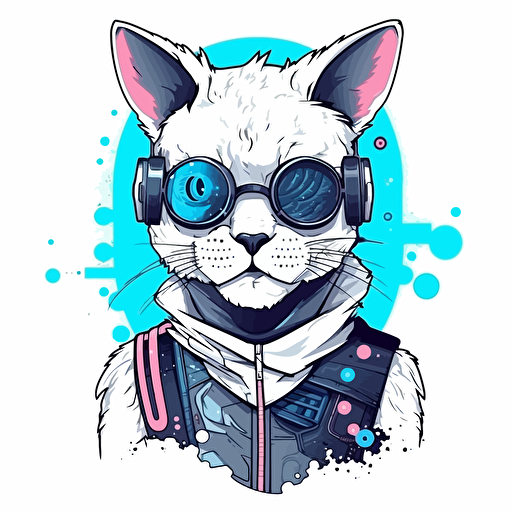 character design, white cat wearing glasses, cyberpunk vector illustration
