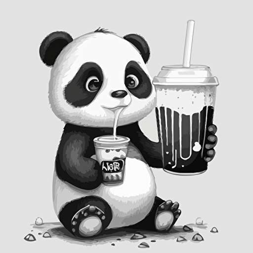 black and white cartoon illustration of a panda holding bubble tea, illustration, vector