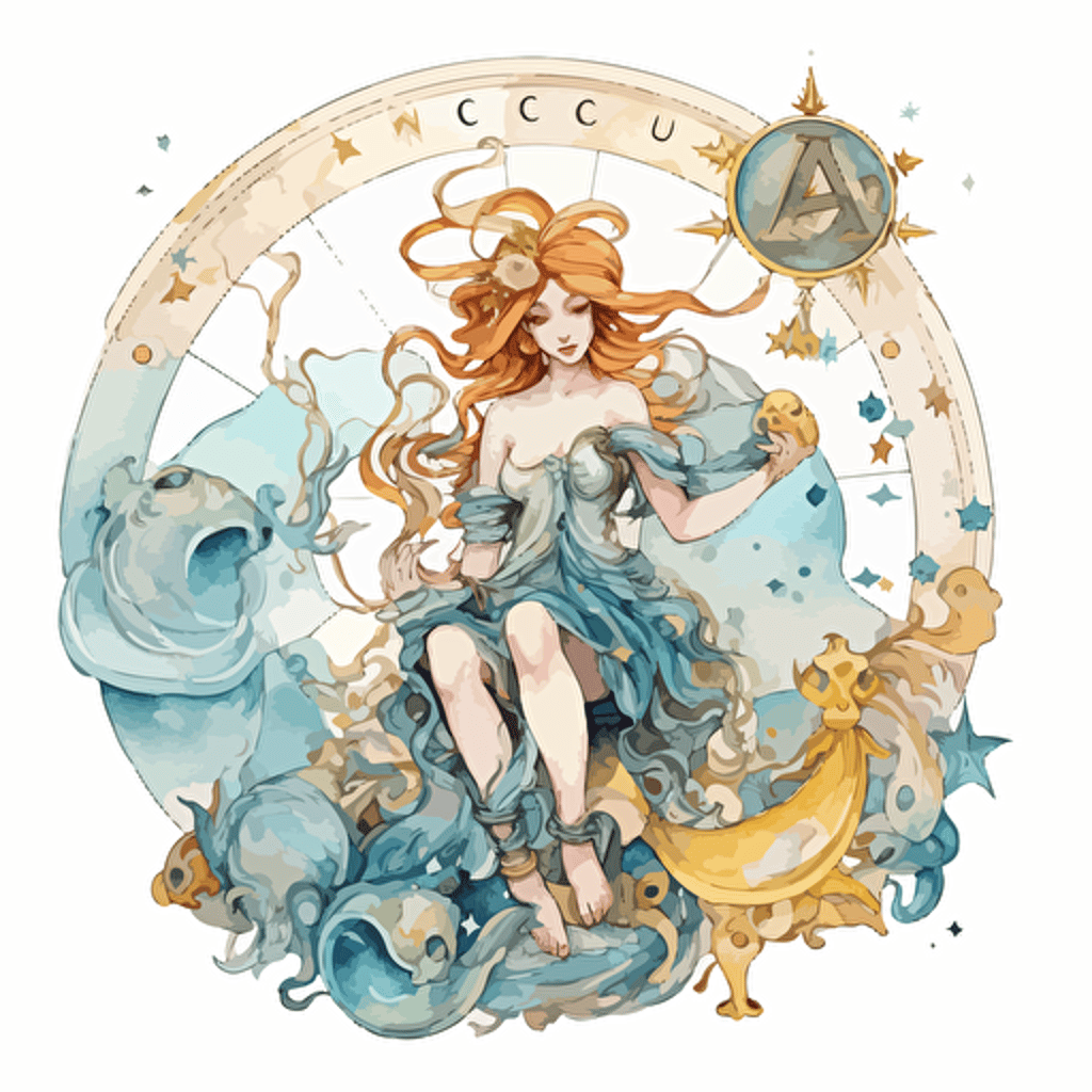 Whimsical Victorian Rococo zodiac Aquarius, detailed, cartoon style, 2d watercolor clipart vector, creative and imaginative, hd, white background