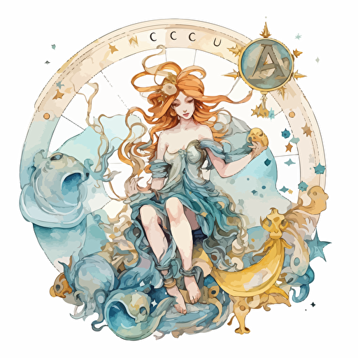 Whimsical Victorian Rococo zodiac Aquarius, detailed, cartoon style, 2d watercolor clipart vector, creative and imaginative, hd, white background
