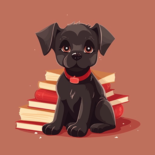 A cute puppy dog with floppy ears and big brown eyes, sitting in front of a stack of books, wearing a red collar with a gold tag, Minimalistic vector art, black SVG, indoor scene, soft lighting,