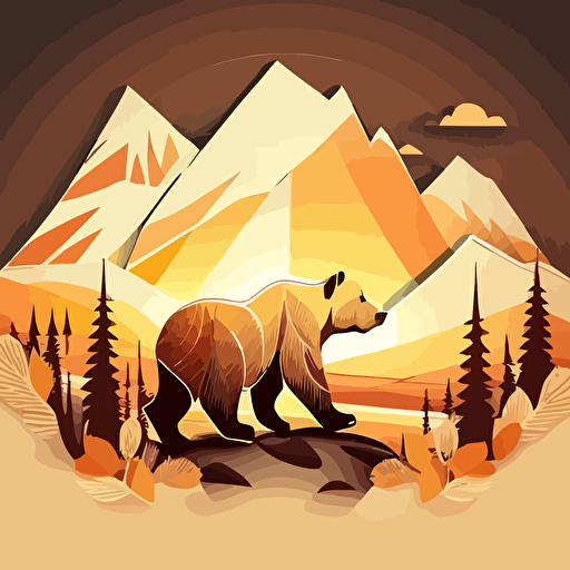 A emblem with a Bear Standing:: background of Pyrenees mountain, warm, color, vector