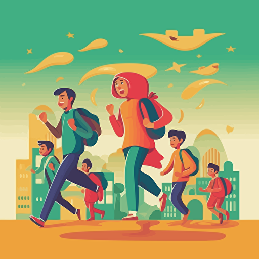 Vector illustration of schoolchildren and students running to study and education for a poster. The style is colourful, fluid and contempory, Modern flat vector concept illustrations. Must have the text BAHASA MELAYU as the book title.