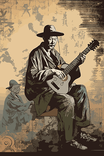 [vector art] [Chinese ink art style] old man in a hat playing acoustic guitar on the music club stage a contrabass player stayes next to him , contrasting colors,