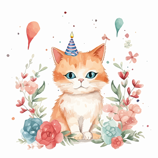 happy birthday cat, detailed, cartoon style, 2d watercolor clipart vector, creative and imaginative, floral, hd, white background