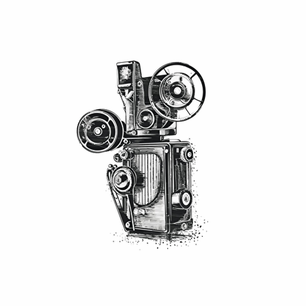 a modern logo of a old fashioned film movie camera black vector, on white background