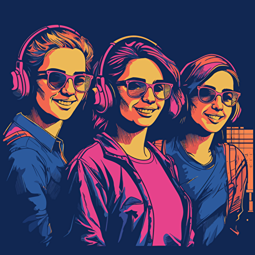 Group of Happy smiling software engineers. popart style, meme style, vector art, colors dark blue, orange and pink
