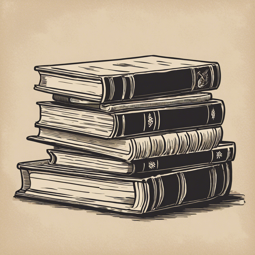 Stack of old books on a wooden table, illustration in the style of Matt Blease, illustration, flat, simple, vector