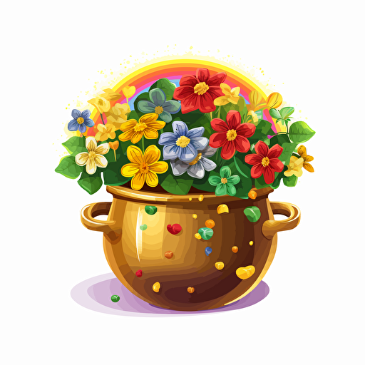 pot of gold, rainbow, flowers, detailed, cartoon style, 2d clipart vector, creative and imaginative, hd, white background