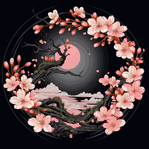vector art, black backround, 2D, japanese cherry blossom, one blossom