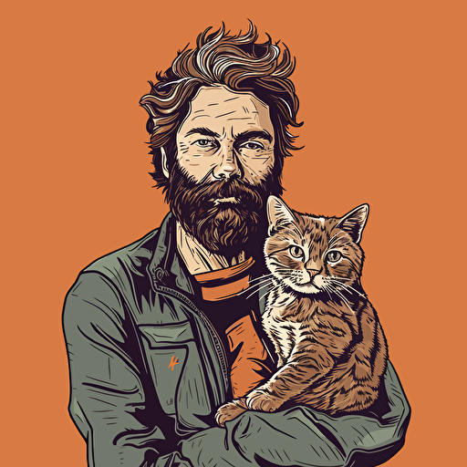 vector art style 28 year old white guy with light beard holding a cat, in the style of Micheal Parks