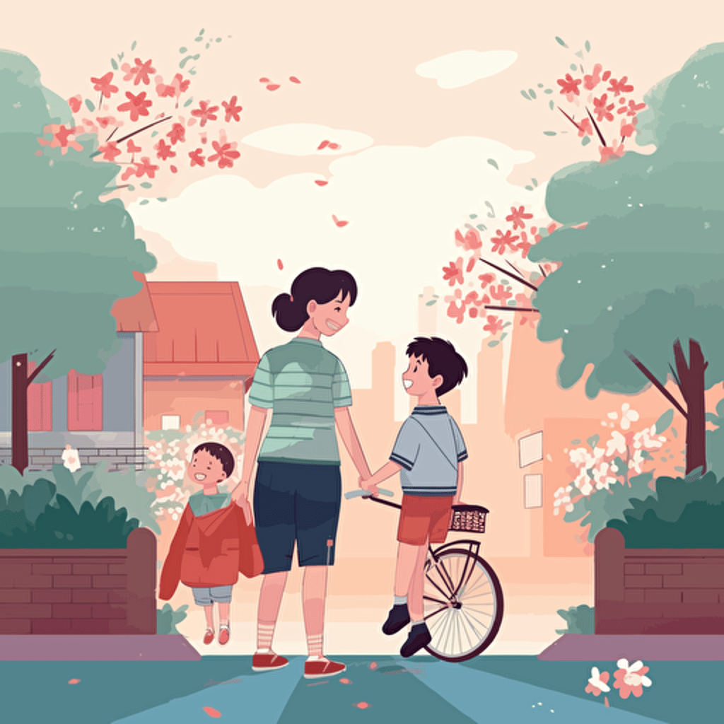 Chinese illustration, Mother's day poster, flat illustration, a little boy is holding flowers behind his back and ready to give it to his mother, the boy is wearing short sleeves and shorts, the mother is wearing a short sleeve skirt, smiling and looking into the distance, the flowers and green leaves in the foreground are very bright, flowers, the road , there are houses in the middle ground, blue sky and white clouds in the background, bright colors, high saturation, outline light, glare, blue tone, warm and bright, colorful, Al vector illustration, high quality, illustration, high definition