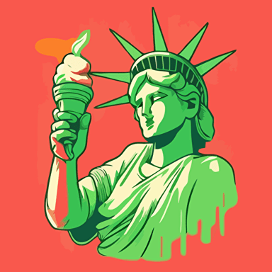Illustration outline vector style of the Statue of Liberty holding a 7 Eleven Slurpee cup instead of a torch. Use the 7E colors green, red and orange color