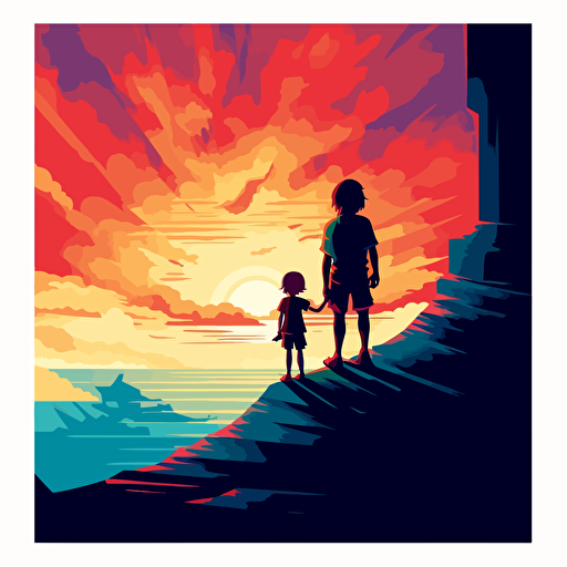 vector art, silouhette, a young child sitting on their dad's shoulders, as they look out at the horizon. perspective from the back, bright cocomelon colors, cell shade illustration style from zelda windwaker