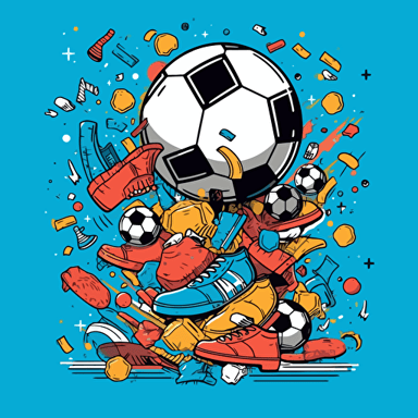 Create a vector image illustration with a soccer theme that depicts various elements such as soccer balls, sneakers, soccer players, and trophies floating in the air. Use bright and vibrant colors and add a thin black outline to the elements to make them stand out. Make sure that the image captures the energy and excitement of a soccer game while showcasing the various elements in a fun and engaging way