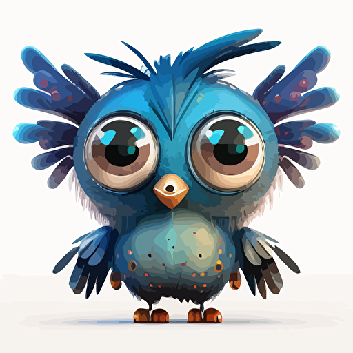 happy, cute, robotic blue bird, big head, large shiny eyes, small wings, small legs, subtle gradients, colorful feathers, vector art, 2d